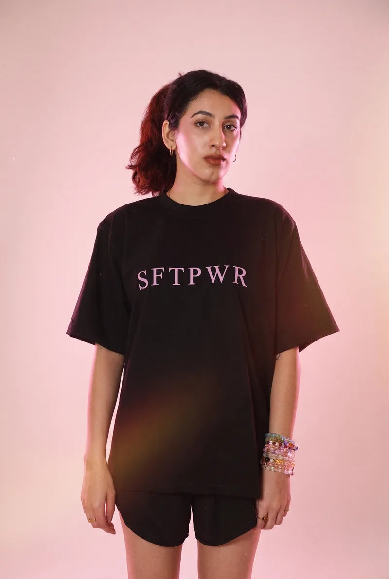 SFTPWR / Black tee. Boxy body that sits just past the hip.
