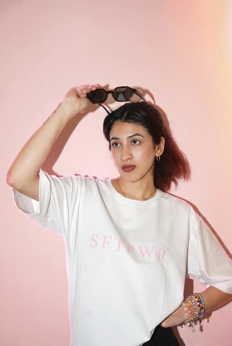 SFTPWR / Chalk tee. Dropped shoulder. The seam lands on the arm.
