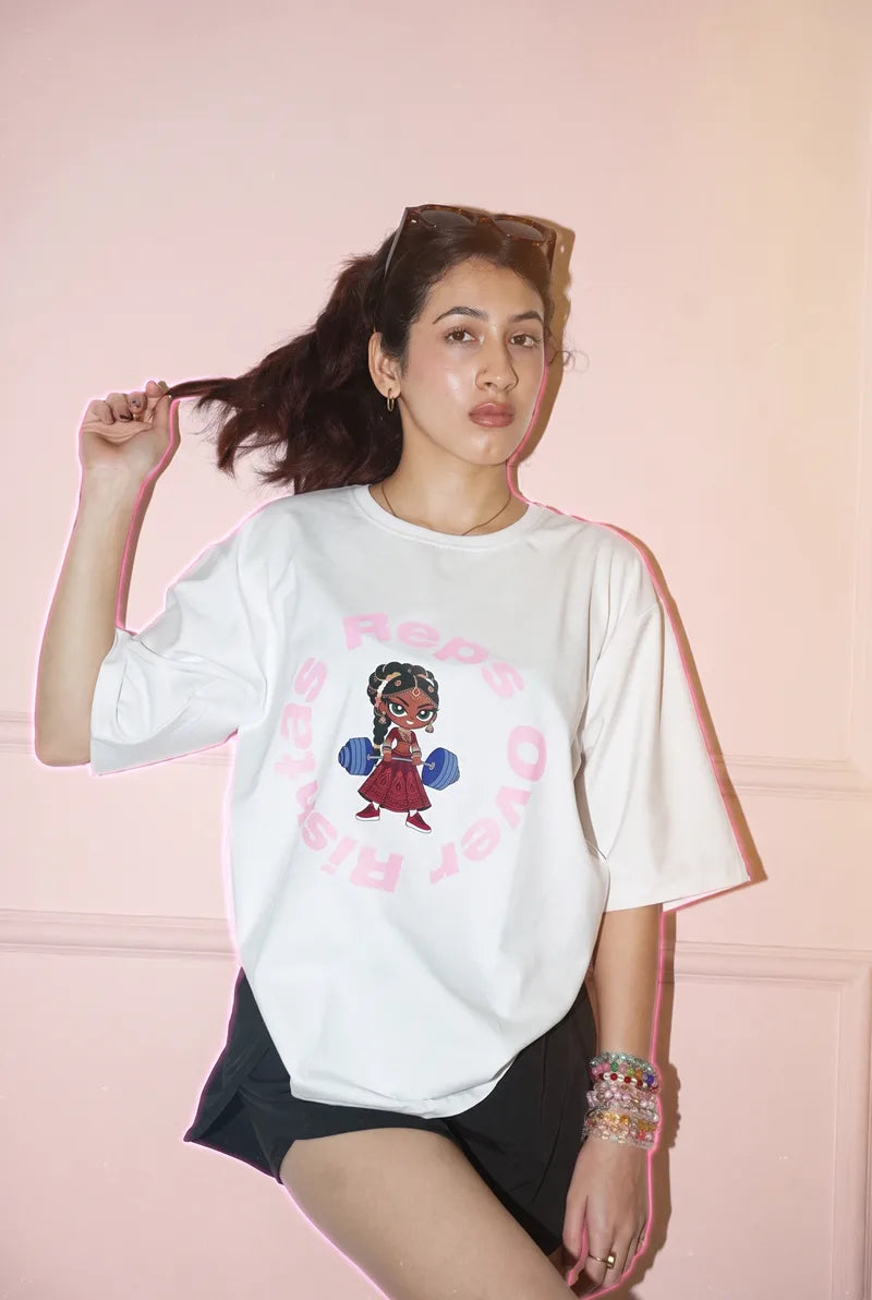 Reps Over Rishtas / Chalk tee. Sleeve ends mid-bicep.