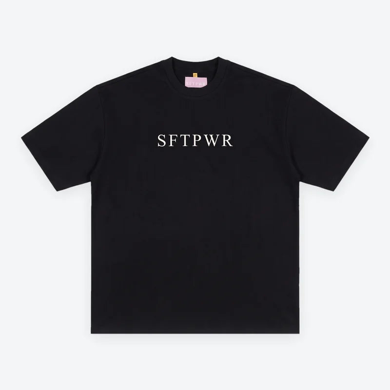 The black SFTPWR tee laid flat, with the chest measured across and the length measured from shoulder to hem